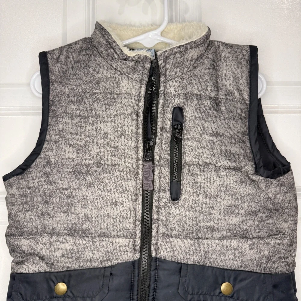 Little Lad Boys Grey Black Puffer Vest‎ Faux Shearling Collar Size 4T